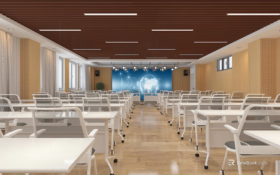 Spacious Modern Classroom With White Tables Chairs Wooden Ceiling Blue Screen And Windows 3d model 