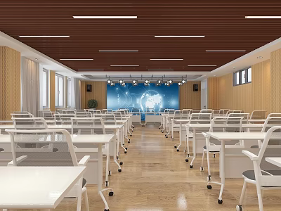 Spacious Modern Classroom With White Tables Chairs Wooden Ceiling Blue Screen And Windows 3d model