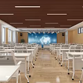 Spacious Modern Classroom With White Tables Chairs Wooden Ceiling Blue Screen And Windows
