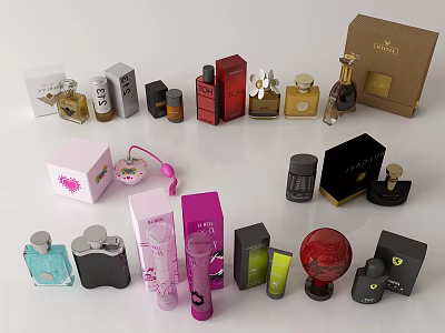Luxury Perfume and Cosmetics Collection With Various Bottles And Elegant Packaging 3d model