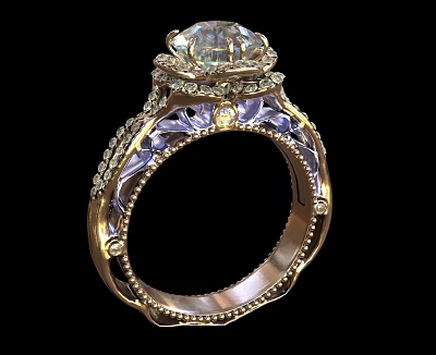 Elegant Engagement Ring With Gold Band Large Center Diamond Purple Accents And Small Diamond Details 3d model