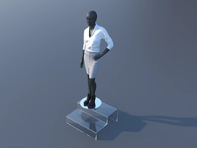 Black Headless Mannequin Wearing White Shirt Gray Skirt On Transparent Display Stand Against Gray Background 3d model