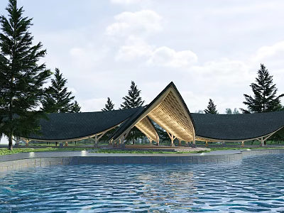 Modern Wooden Pavilion With Unique Roof Design Surrounded By Pine Trees And Reflective Pond 3d model