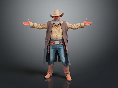 Cowboy Man With Beard Wearing Cowboy Hat And Brown Vest Standing Arms Outstretched 3d model