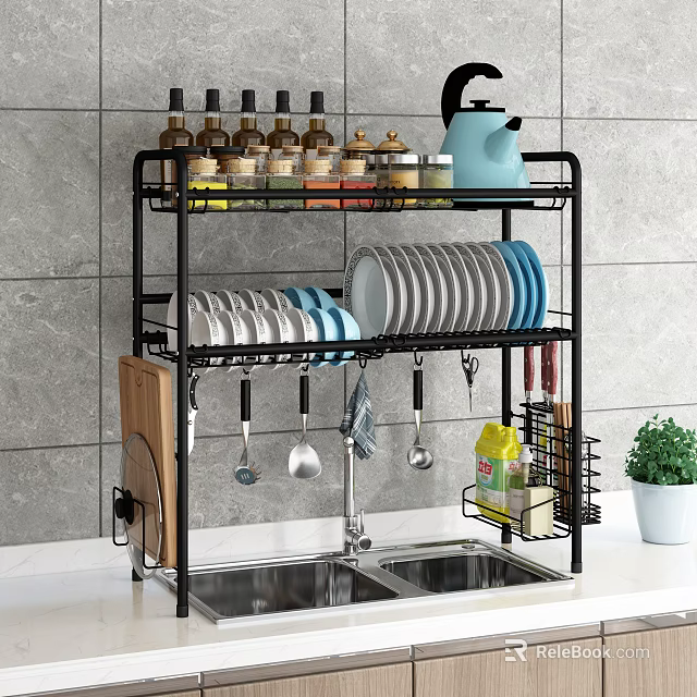 Black Multi tier Bathroom Cabinet Rack With Toiletries Towel And Sink Area Organizer 3d model 