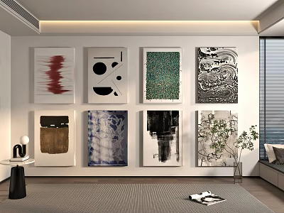 Abstract Paintings Gallery Wall In Modern Living Room With Diverse Styles And Home Decor 3d model