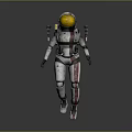 Biological Astronaut Character Walking In White Red Spacesuit With Yellow Helmet On Gray Background