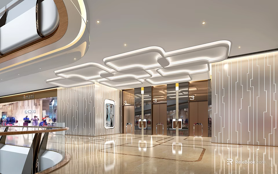 Modern Elevator Lobby With Stylish Ceiling Lights And Textured Wall Panels 3d model
