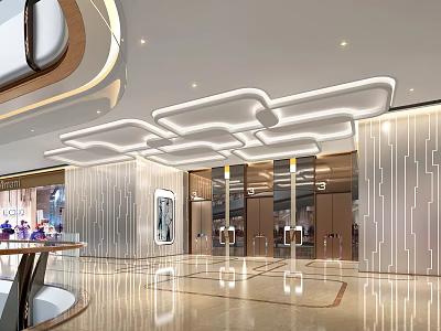 Modern Elevator Lobby With Stylish Ceiling Lights And Textured Wall Panels 3d model