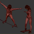 Two People Skateboarding With Jump And Stand Poses On Dark Background 3d model