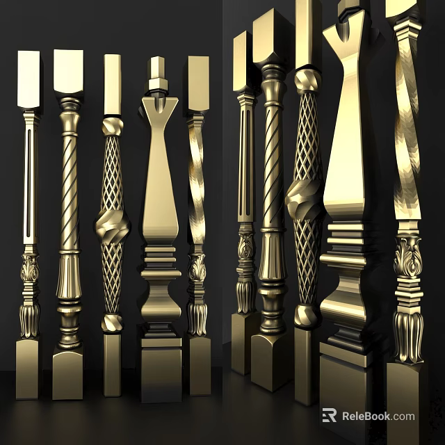 Golden Columns In Diverse Styles With Intricate Designs And Ornate Patterns 3d model 