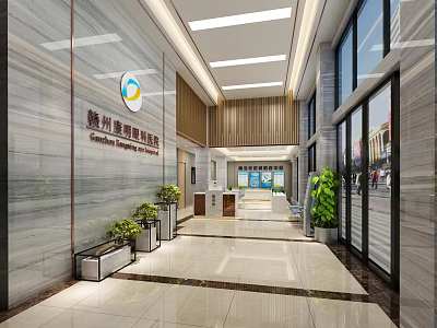 Modern Spacious Office Lobby With Marble Wall Wooden Decor Green Plants And Glass Doors 3d model