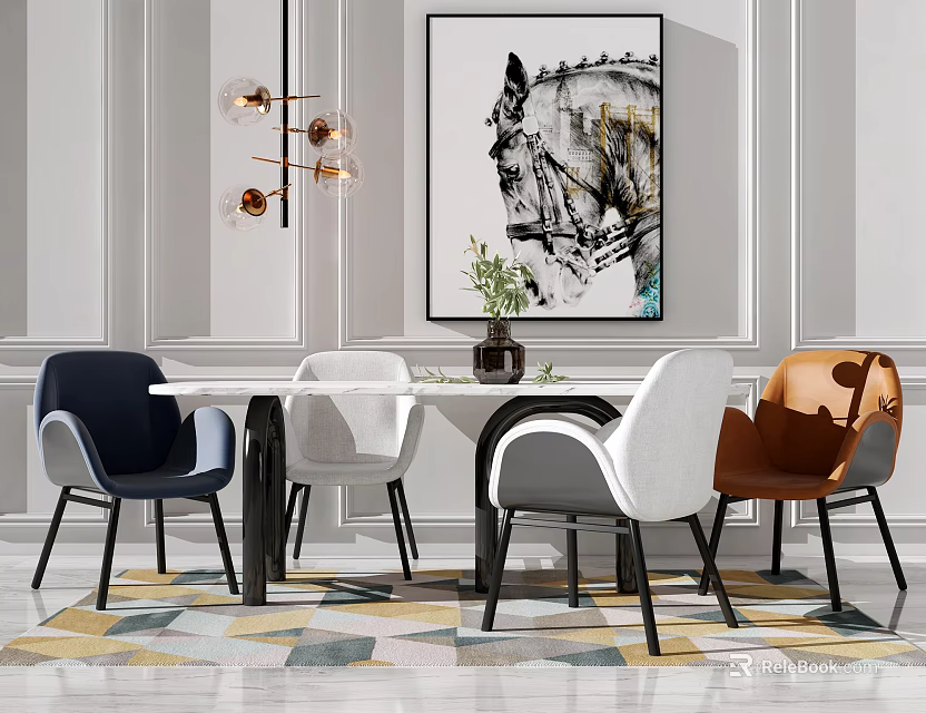 Modern Dining Table Set With Multi Colored Chairs Abstract Painting And Geometric Rug 3d model