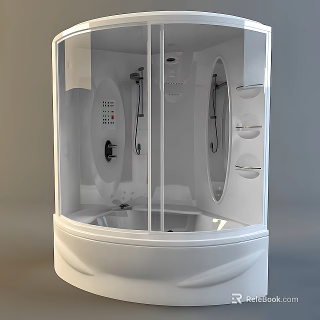 Modern Shower Head In Enclosed Glass Shower With Control Panel And Storage Shelves 3d model 