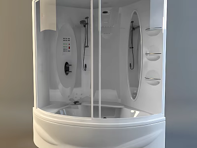 Modern Shower Head In Enclosed Glass Shower With Control Panel And Storage Shelves 3d model