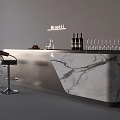Modern Stylish Bar Counter With Marble Top Wine Bottles Glasses And Bar Stools