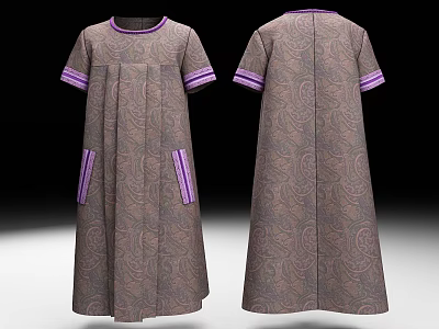 Paisley Pattern Long Dress With Purple Trim Short Sleeves And Pockets Front Back View 3d model