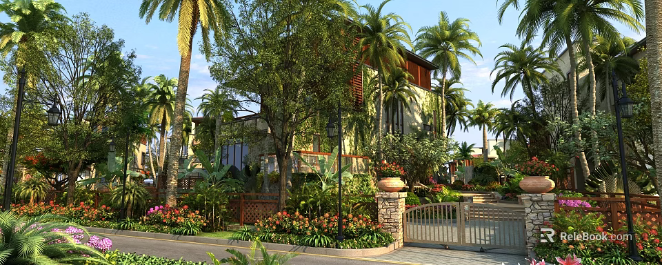 Tropical Detached Villa Surrounded by Palm Trees Lush Greenery and Flower Garden 3d model 