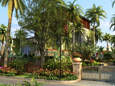 Tropical Detached Villa Surrounded by Palm Trees Lush Greenery and Flower Garden 3d model