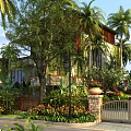 Tropical Detached Villa Surrounded by Palm Trees Lush Greenery and Flower Garden