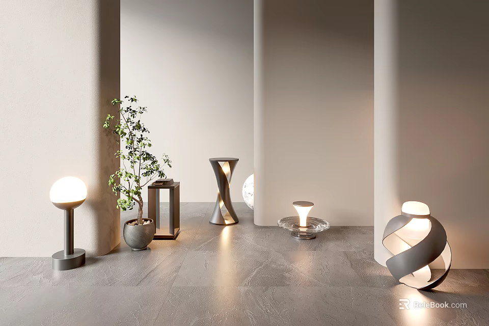 Modern Outdoor Lights In Different Shapes With Small Plant And Bright Glow 3d model 