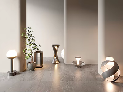 Modern Outdoor Lights In Different Shapes With Small Plant And Bright Glow 3d model