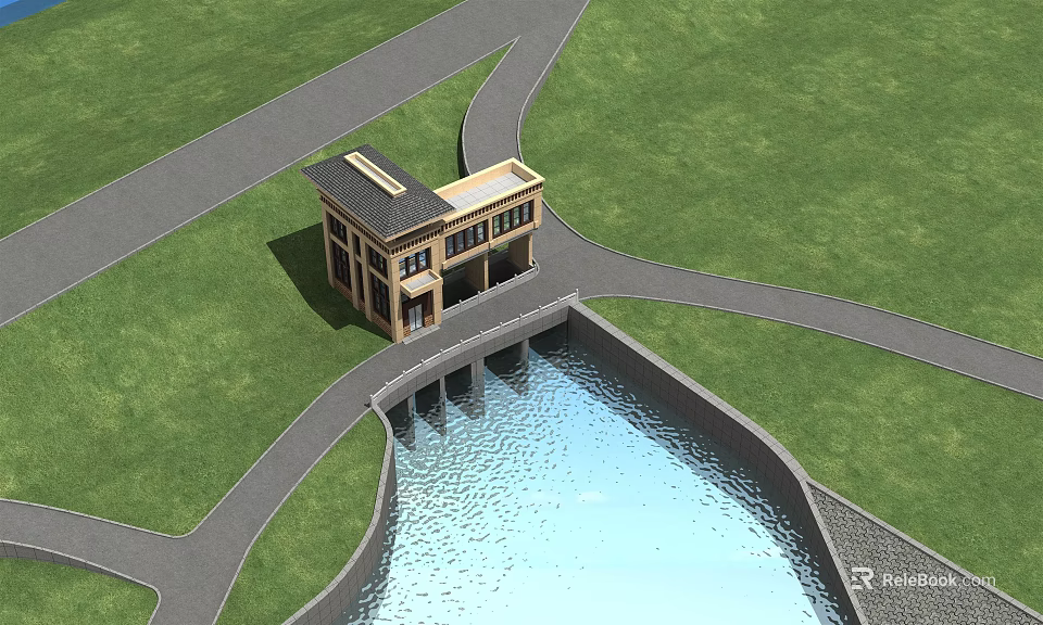 Two Story Sluice Gate Building With Grassland Roads And Adjacent Water Area 3d model 