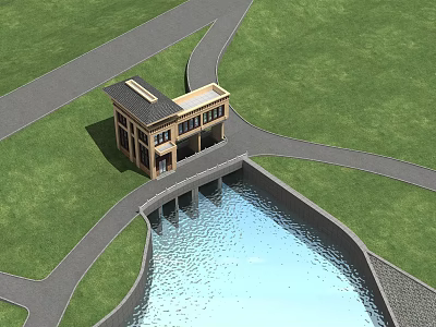 Two Story Sluice Gate Building With Grassland Roads And Adjacent Water Area 3d model