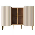 Modern Beige Ribbed Cabinet With Open Doors Shelves And Gold Metal Legs