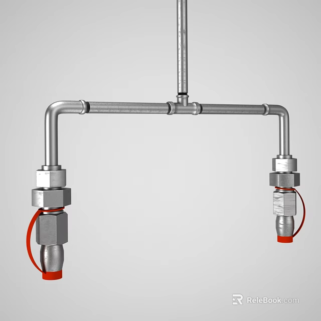 Stainless Steel Metal Pipe Fittings Featuring Dual Red Hoses Hardware Tools 3d model 