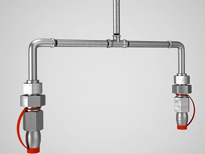 Stainless Steel Metal Pipe Fittings Featuring Dual Red Hoses Hardware Tools 3d model