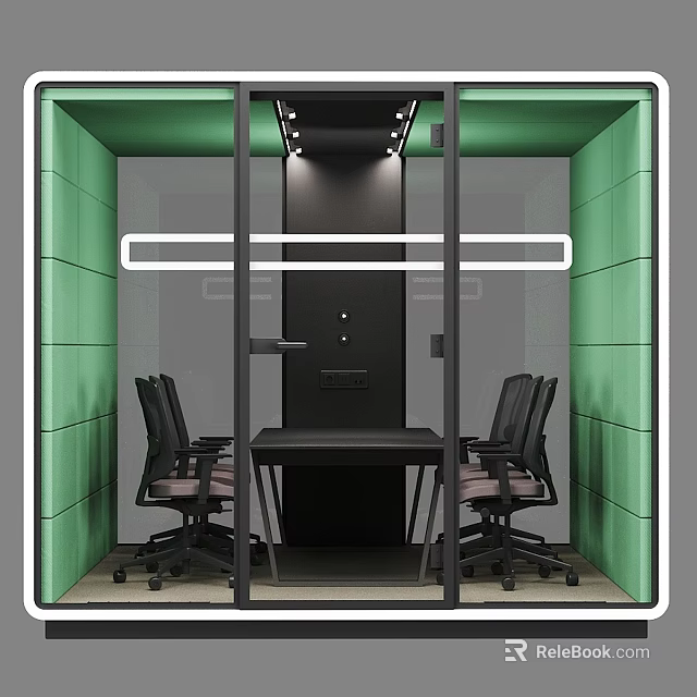 Modern Office Pod With Green Walls Glass Partitions And Black Desk Chair Set 3d model 