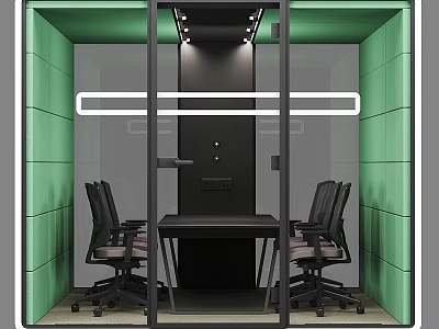 Modern Office Pod With Green Walls Glass Partitions And Black Desk Chair Set 3d model