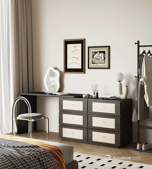 Stylish Dark Wooden Dresser With Mirror Chair Framed Wall Pictures And Clothing Rack In Bedroom 3d model 