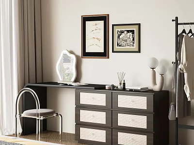 Stylish Dark Wooden Dresser With Mirror Chair Framed Wall Pictures And Clothing Rack In Bedroom 3d model