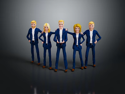 Five Cartoon Characters In Blue Suits Standing In A Row On Gray Background 3d model
