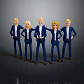 Five Cartoon Characters In Blue Suits Standing In A Row On Gray Background