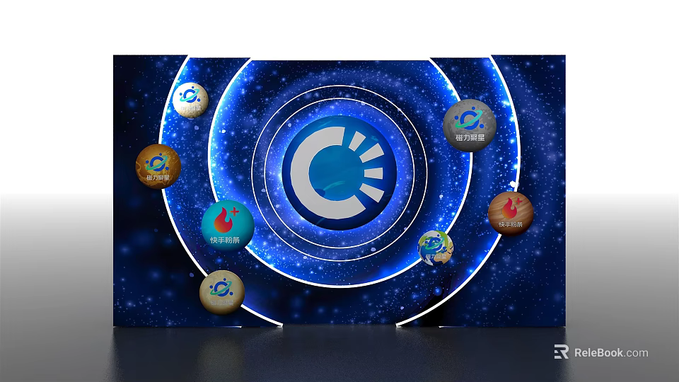 Screen Display With Central C Shaped Logo Colored Icons Blue Halos And Starry Sky Background 3d model 