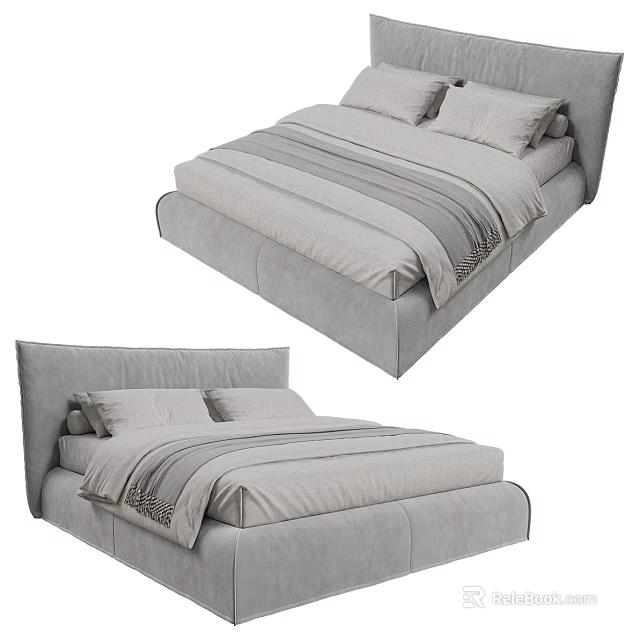 Modern Gray Double Bed With Upholstered Headboard Soft Pillows And Striped Bedspread 3d model 