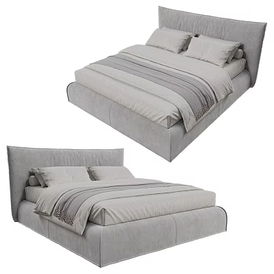 Modern Gray Double Bed With Upholstered Headboard Soft Pillows And Striped Bedspread 3d model