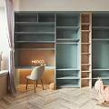 Organized Teal Open Wardrobe With Hanging Clothes Folded Towels Books And Shoes