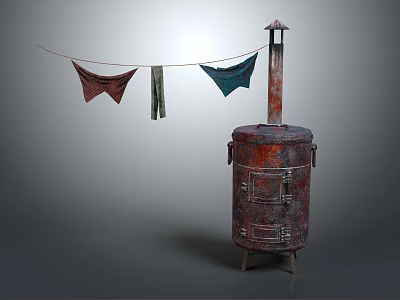 Rusty Vintage Stove With Chimney And Clothesline Hanging Colorful Garments 3d model