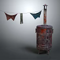 Rusty Vintage Stove With Chimney And Clothesline Hanging Colorful Garments