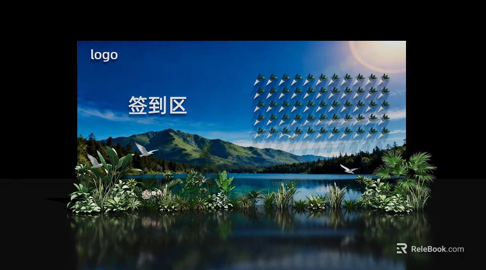 Sign in Area With Scenic Mountain Lake Background And Grid Sign Spots 3d model 