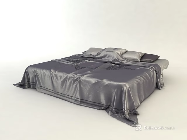Elegant Modern Double Bed with Smooth Dark Bedspread and Soft Pillows 3d model 