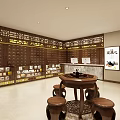 Traditional Chinese Medicine Specialty Store With Wooden Cabinets Drawers Round Table Stools And Warm Lighting