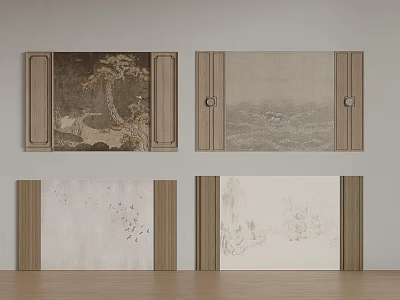 Chinese Style Background Walls With Wooden Frames And Natural Landscape Paintings 3d model