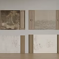 Chinese Style Background Walls With Wooden Frames And Natural Landscape Paintings
