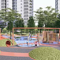 Residential Landscape Featuring Children Playground Greenery Play Structures And High Rise Buildings