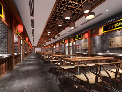 Chinese Style Restaurant Interior With Wooden Elements Red Lanterns And Long Tables 3d model